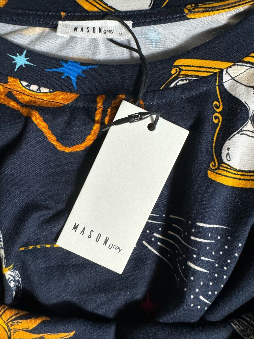 Nwt Mason Grey Alaina Mystic Navy + Gold Celestial Print Shirt Dress.Size M — image 4 of 8